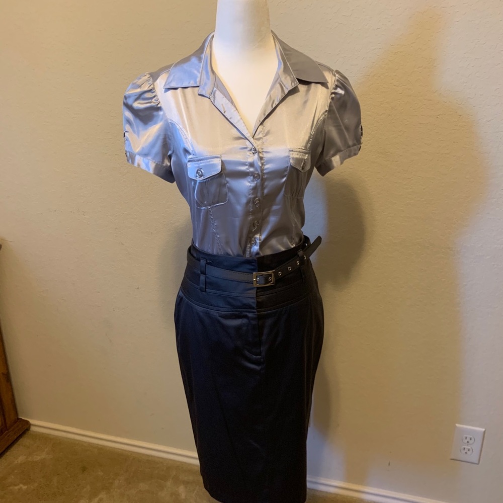 Gray silk blouse with gray skirt